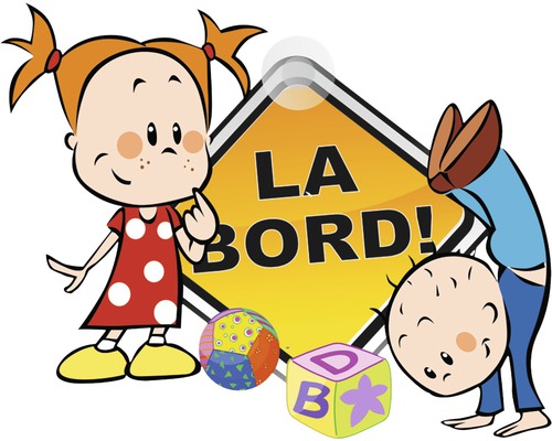Ilustrație cu copii care se joacă și un panou cu inscripția ''LA BORD!''