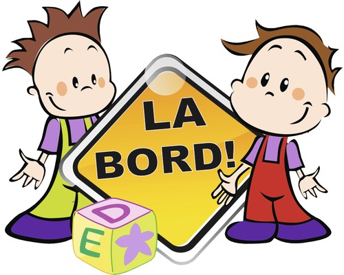 Ilustrație cu doi copii cu un cub și un semn care spune: La Bord!