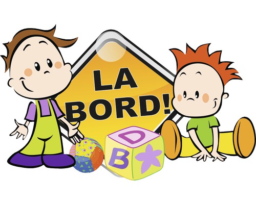 Autocolant pentru copii cu inscripția „La bord!” și ilustrații pentru copii