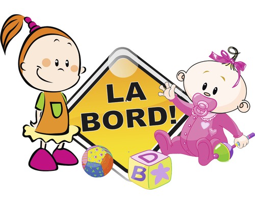 Autocolant pentru copii cu figurinele și textul La Bord