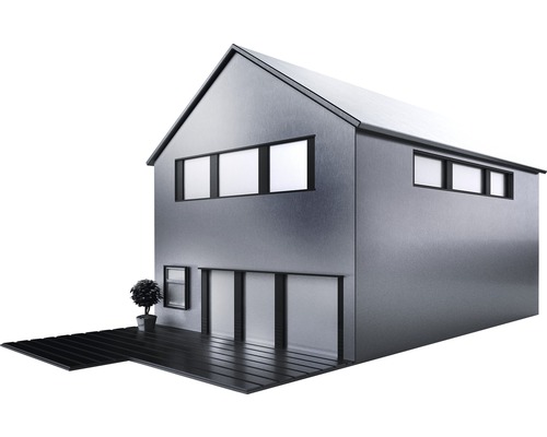 Casă modernă cu două etaje, acoperiș plat și terasă