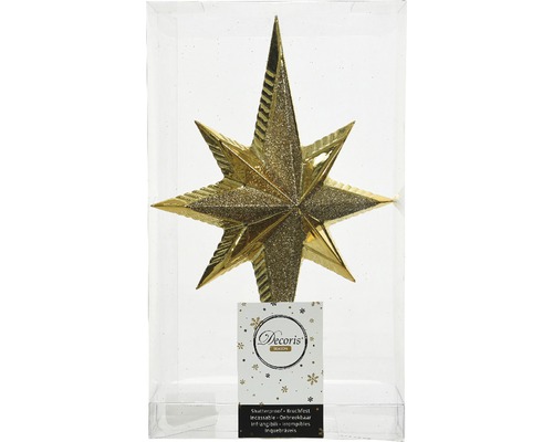 Vârf de brad auriu din plastic, în ambalaj