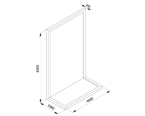 Schiță a unei cabine de duș cu dimensiunile 650 x 400 x 180 milimetri