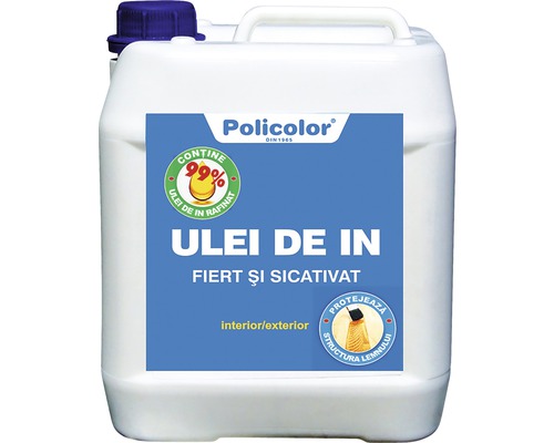 Ulei de in fiert și sicativat Policolor 5 l Ulei de in într-un recipient alb cu etichetă albastră