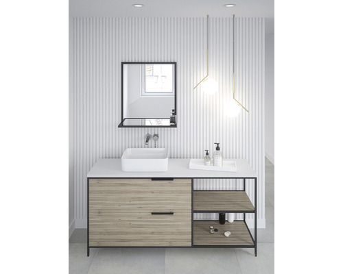 Baie modernă cu dulap de bază pentru lavoar, lavoar așezat și oglindă