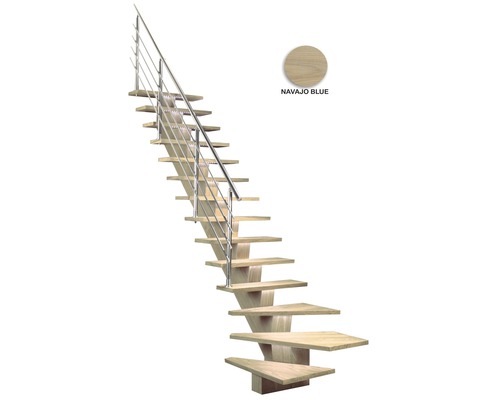 Scară din lemn cu balustradă din oțel inoxidabil în culoarea Navajo Blue