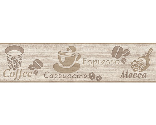 Bordură tapet 36861-1 Only Borders Cappuccino maro 5 m x 13 cm Bordură decorativă cu motive de cafea și inscripții pe lemn