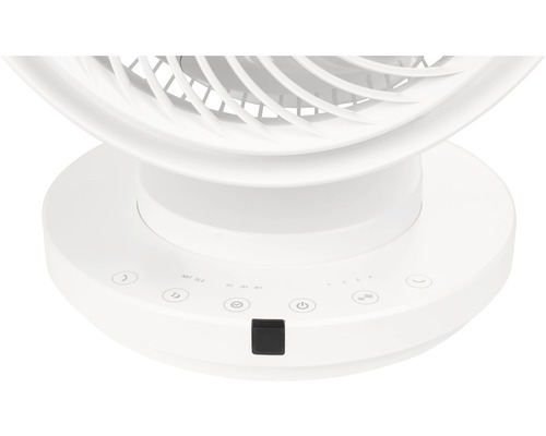 Imagine detaliată cu un ventilator alb cu panou de control.