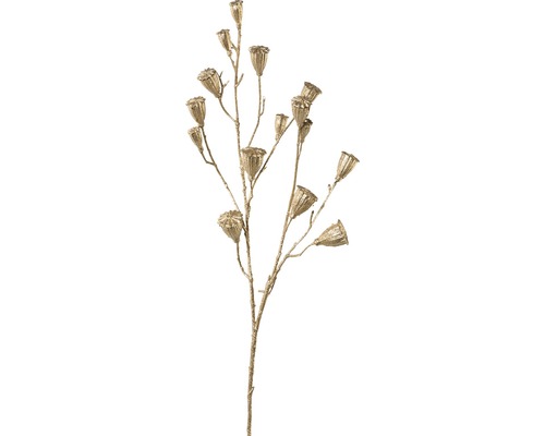Floare artificială Ramură cu capsule mac H 68 cm auriu