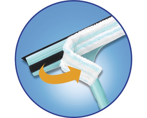 Racletă pentru geamuri cu husă detașabilă și săgeată care indică direcția.