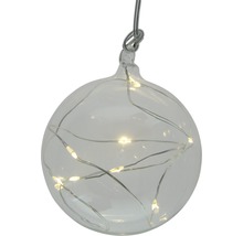 Glob decorativ din sticlă cu iluminare integrată, suspendat de un cablu metalic.