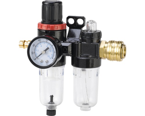 Regulator de presiune cu filtru, manometru și lubrificator Einhell 1/4" max. 10 bari Regulator de presiune cu filtru, manometru și lubrificator Einhell 1/4" max. 10 bari