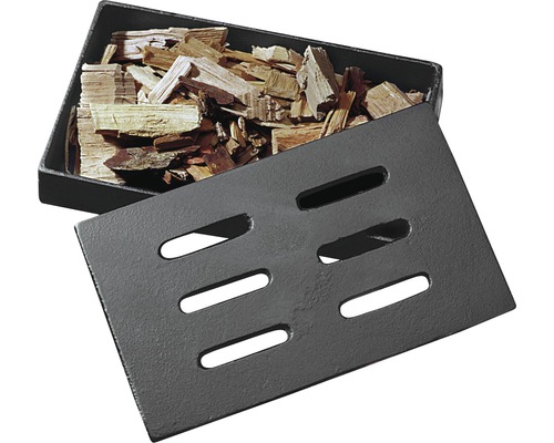 Cutie pentru afumare cu așchii pentru afumat și capac cu fante