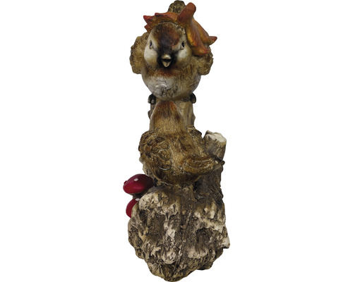 Figurină decorativă de grădină cu pereche de păsări și ciuperci pe un ciot de copac