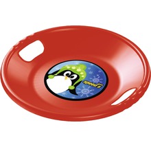 Farfurie de săniuș din plastic roșu, cu motiv pinguin și mânere