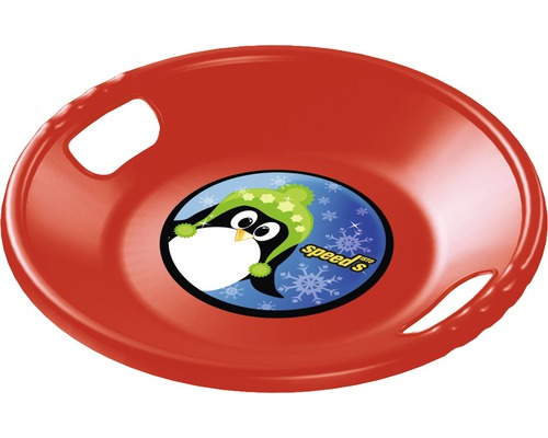 Farfurie de săniuș din plastic roșu, cu motiv pinguin și mânere