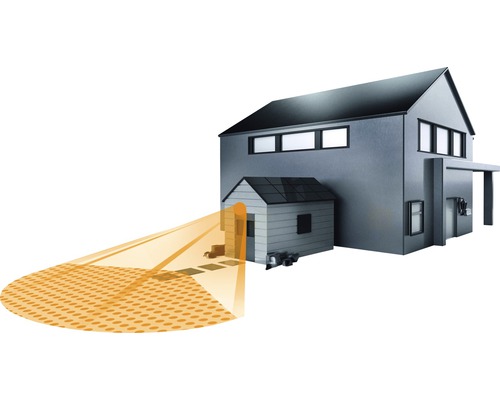 Ilustrație a unei case cu senzor de mișcare în fața ușii