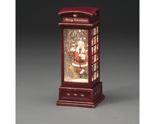 Glob decorativ cu zăpadă în formă de cabină telefonică cu motiv Moș Crăciun