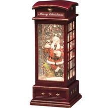 Glob decorativ cu zăpadă în design de cabină telefonică cu motiv de Moș Crăciun