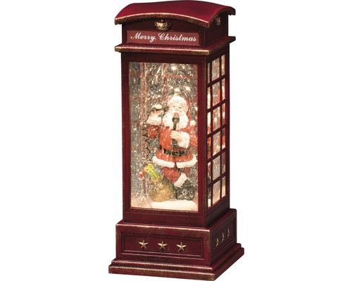 Glob decorativ cu zăpadă în design de cabină telefonică cu motiv de Moș Crăciun