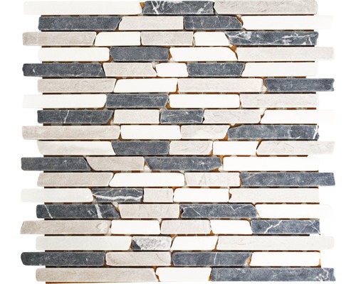 Mozaic piatră naturală MOS BRICK 1125 bej/gri/alb 30,5x32,2 cm Covor mozaic din piatră naturală cu pietre alungite în diferite nuanțe de gri și alb.