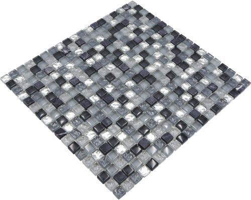 Placă de mozaic cu pietre pătrate de sticlă în gri și negru