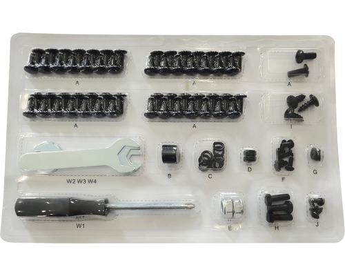 Cutie de sortiment cu șuruburi, piulițe, șaibe, cheie și șurubelniță