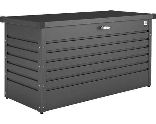Ladă depozitare grădină Biohort 180 metal 181x79x71 cm 800 l gri închis metalizat Ladă de grădină gri din metal cu dungi orizontale și capac blocabil pentru depozitarea uneltelor și mobilierului de grădină.