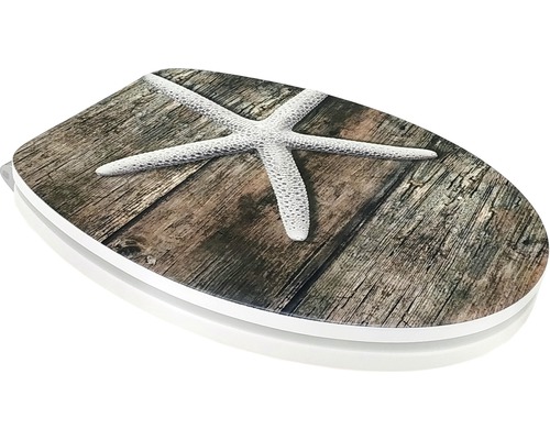 Capac de toaletă cu motiv stea de mare pe scânduri de lemn