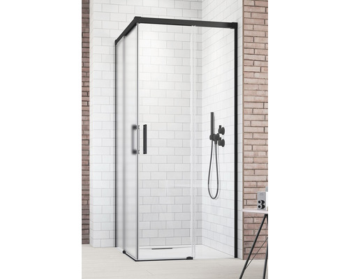 Cabină de duș pe colț cu cadru negru și sticlă transparentă pe fundal alb.