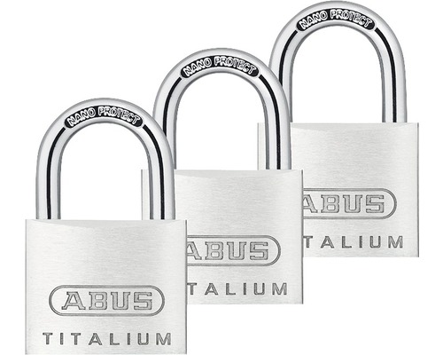 Lacăte aluminiu Abus Titalium 40mm, belciug Ø6,5mm, pachet 3 bucăți, 4 chei Trei lacăte ABUS Titalium cu ghindă Nano Protect