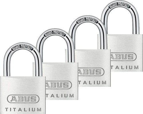 Lacăte aluminiu Abus Titalium 40mm, belciug Ø6,5mm, pachet 4 bucăți, 5 chei