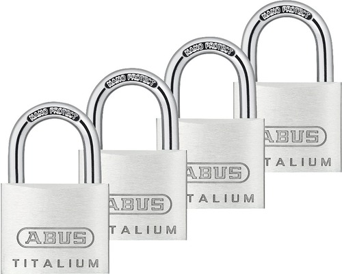 Lacăte aluminiu Abus Titalium 40mm, belciug Ø6,5mm, pachet 4 bucăți, 5 chei Patru lacăte ABUS Titalium cu protecție Nano pe braț