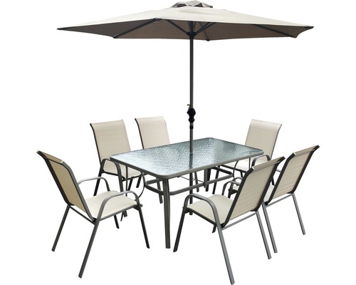 Set mobilier grădină/terasă 8 piese 6 locuri incl. umbrelă bej Set de mobilier de grădină cu masă, șase scaune și umbrelă de soare