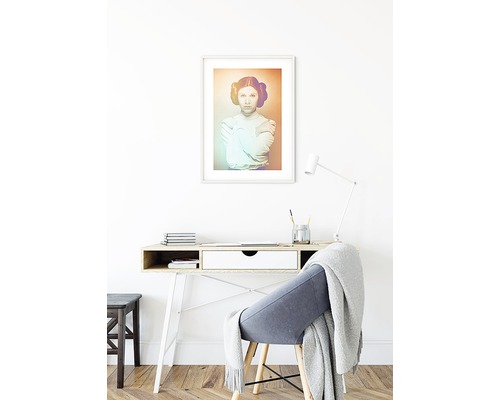 Cameră decorativă cu birou, scaun și portret înrămat
