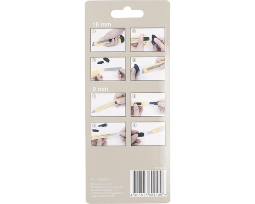 Ambalaj cu ilustrații pentru instrucțiunile de înlocuire a lamei pentru cuțite de tăiat de 18 milimetri și 9 milimetri