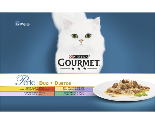 Purina Gourmet Perle Duo hrană pentru pisici, pachet multiplu cu carne de pasăre și vită, curcan și miel, iepure și vânat