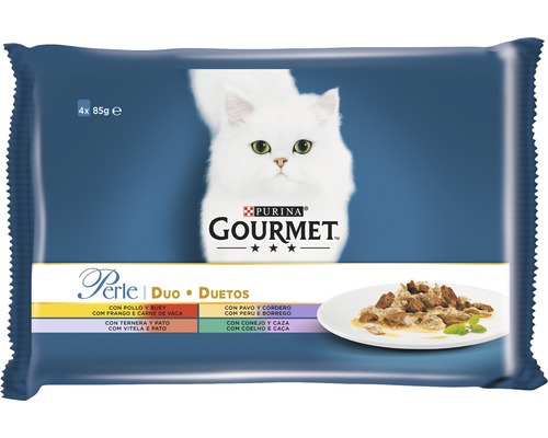Hrană umedă pentru pisici PURINA Gourmet Perle cu pui și vită/curcan și miel/vițel și rață/iepure și vânat în sos 4x85 g-0