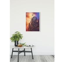 Imagine decorativă cu motiv Star Wars înrămat pe perete deasupra unei măsuțe laterale