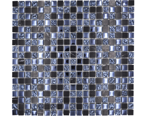 Mozaic sticlă-piatră naturală XCM M860 negru 30,5x32,5 cm Plasă de plăci de mozaic pătrate cu elemente de marmură, sticlă și metal