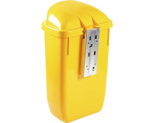 Coș de gunoi galben de perete cu bandă metalică pentru montare pe perete.