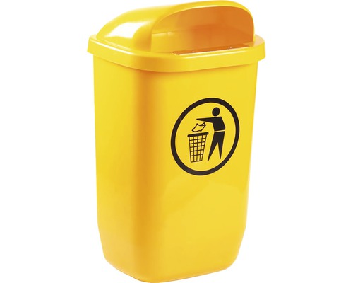 Coș de gunoi galben cu capac batant și simbol de eliminare a deșeurilor