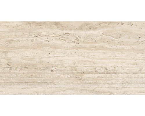 Gresie / Faianță Travera Crema Polished rectificată 60x120 cm Placă de piatră naturală din travertin cu granulație orizontală