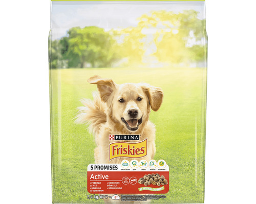 Hrană uscată pentru câini PURINA Friskies Active cu vită 2,4 kg Purina Friskies Active hrană uscată pentru câini, ambalaj de 2,4 kilograme