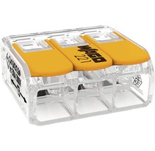 Logo Wago. Clemă cu trei conductoare cu pârghii de acționare.