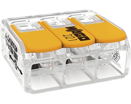 Logo Wago. Clemă cu trei conductoare cu pârghii de acționare.