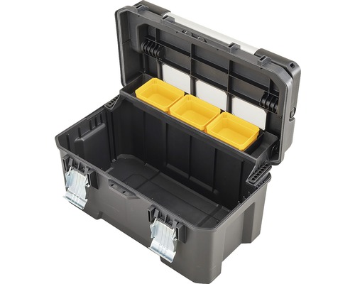 Cutie de scule deschisă, cu trei compartimente galbene pentru depozitarea sculelor