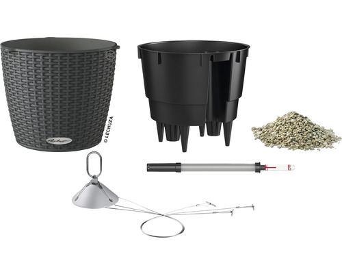 Componente pentru jardiniere Lechuza: jardinieră, recipient interior, substrat, indicator nivel apă, suspensie