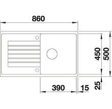 Desen tehnic al unei chiuvete de bucătărie cu dimensiunile de 860 x 500 mm