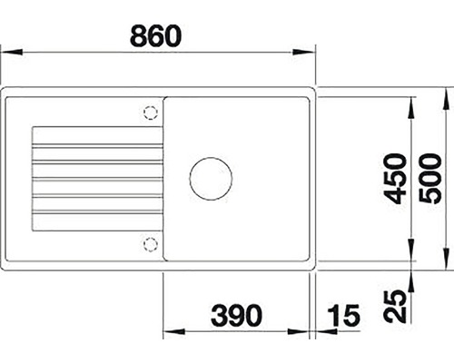 Desen tehnic al unei chiuvete de bucătărie cu dimensiunile de 860 x 500 mm
